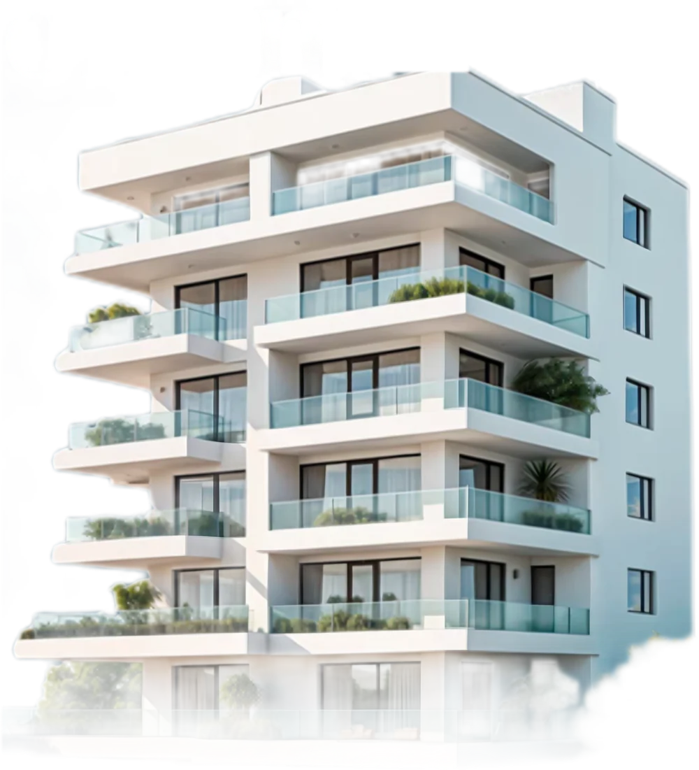 Fachada de um condomínio residencial branco com varandas de vidro e jardins